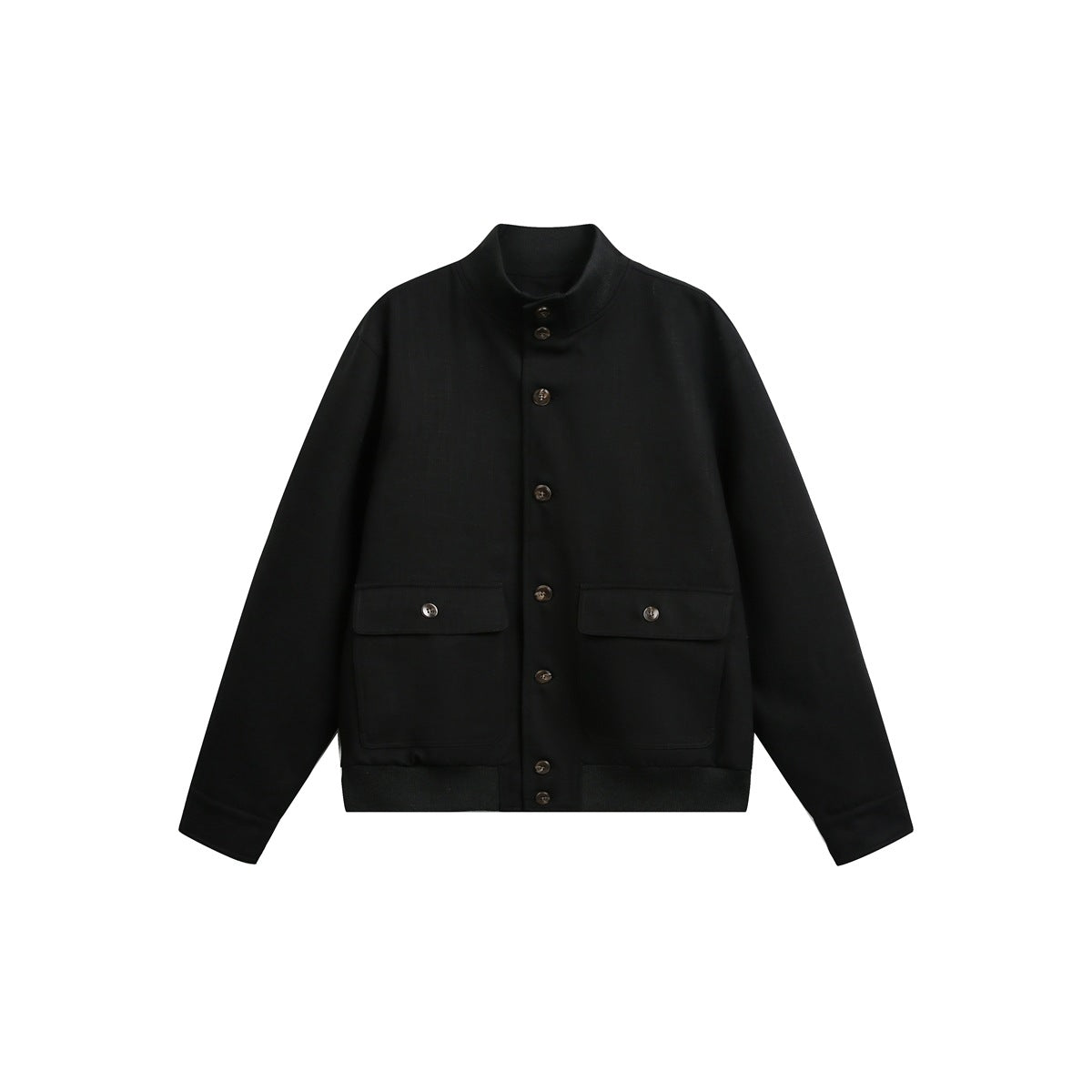 Black stand-collar button-front jacket with two flap pockets and ribbed hem, flat lay front view