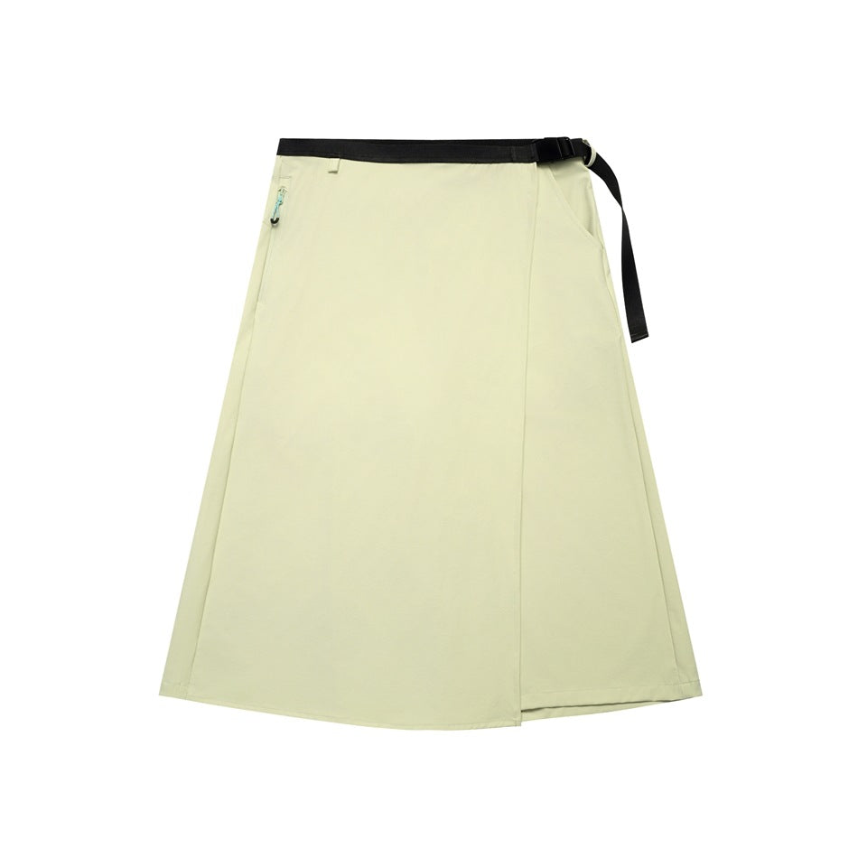 Light green wrap-front A-line midi skirt with black webbing belt, buckle and zippered hip pocket, flat lay on white