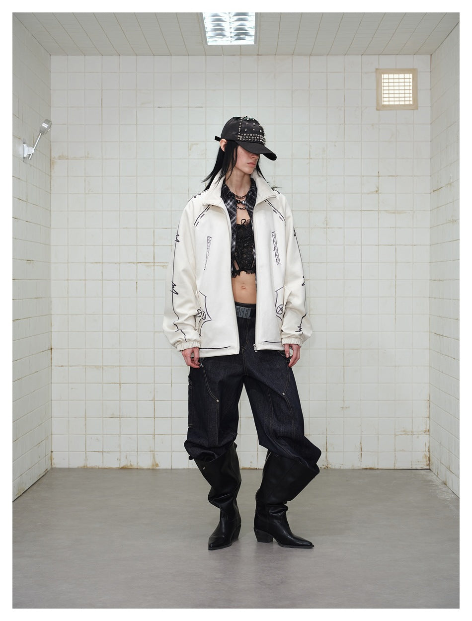 Model wearing an open off-white printed stand-collar jacket with a black cap, dark jeans and black boots in a tiled room