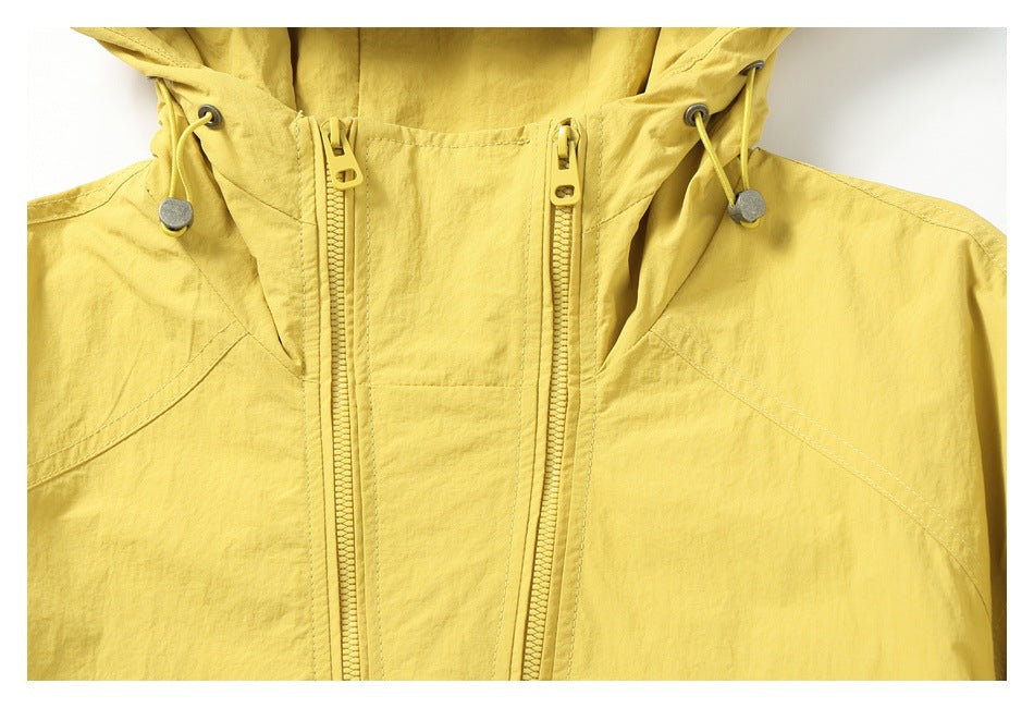 Close-up of the yellow jacket's hood drawcords and twin front zippers.