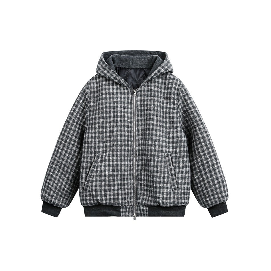 Gray and light gray gingham hooded zip jacket with ribbed cuffs and hem, flat front view