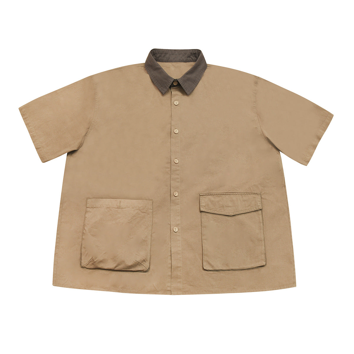 Khaki short-sleeve button-up shirt with brown collar and two large front patch pockets, flat lay
