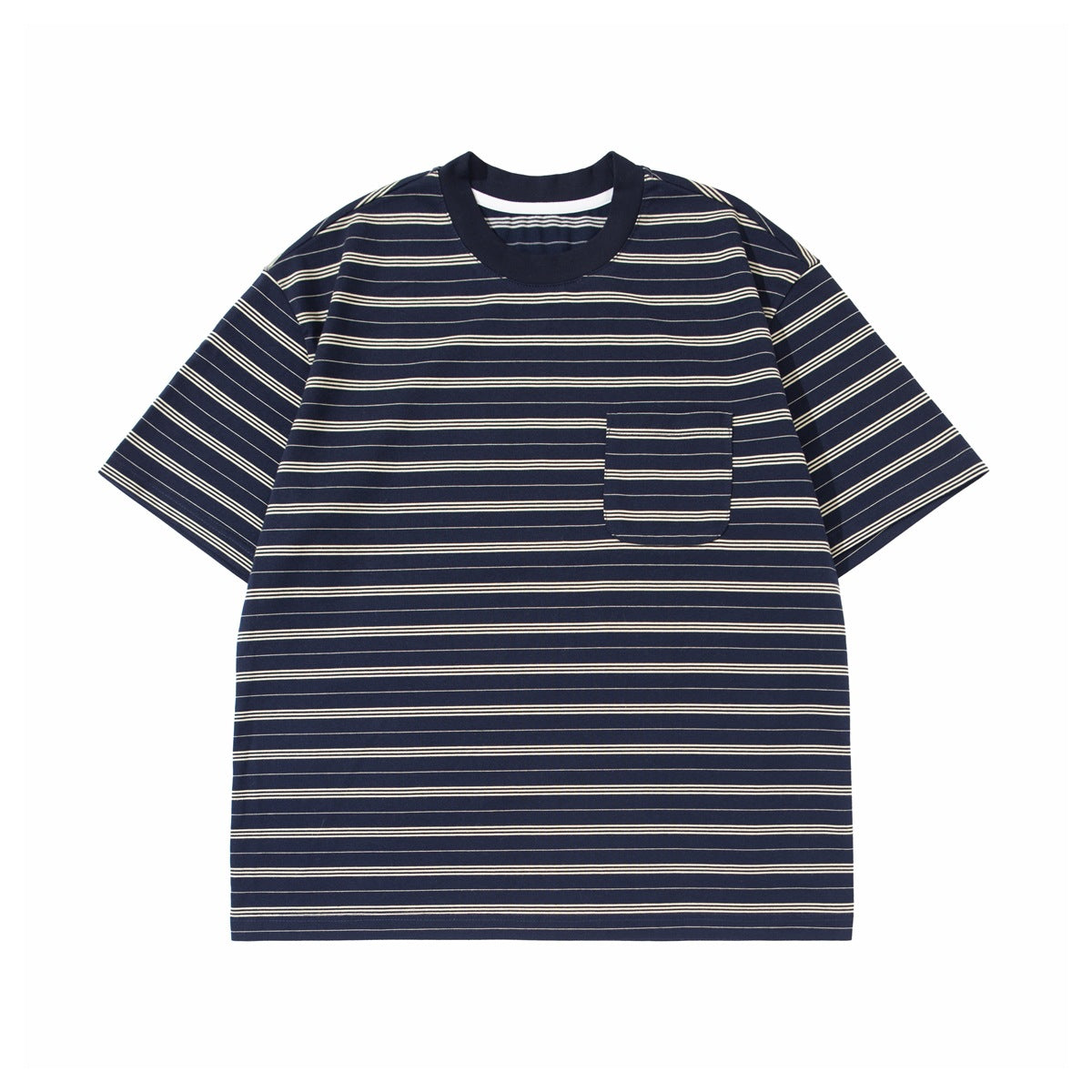 Navy striped short-sleeve crew-neck T-shirt with cream stripes and chest pocket, front flat view