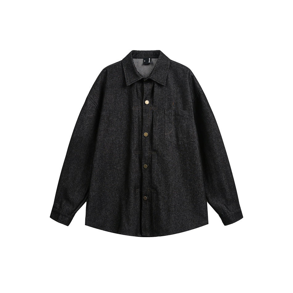 Black denim-style shirt jacket flat lay with collar, gold snap buttons and chest pocket