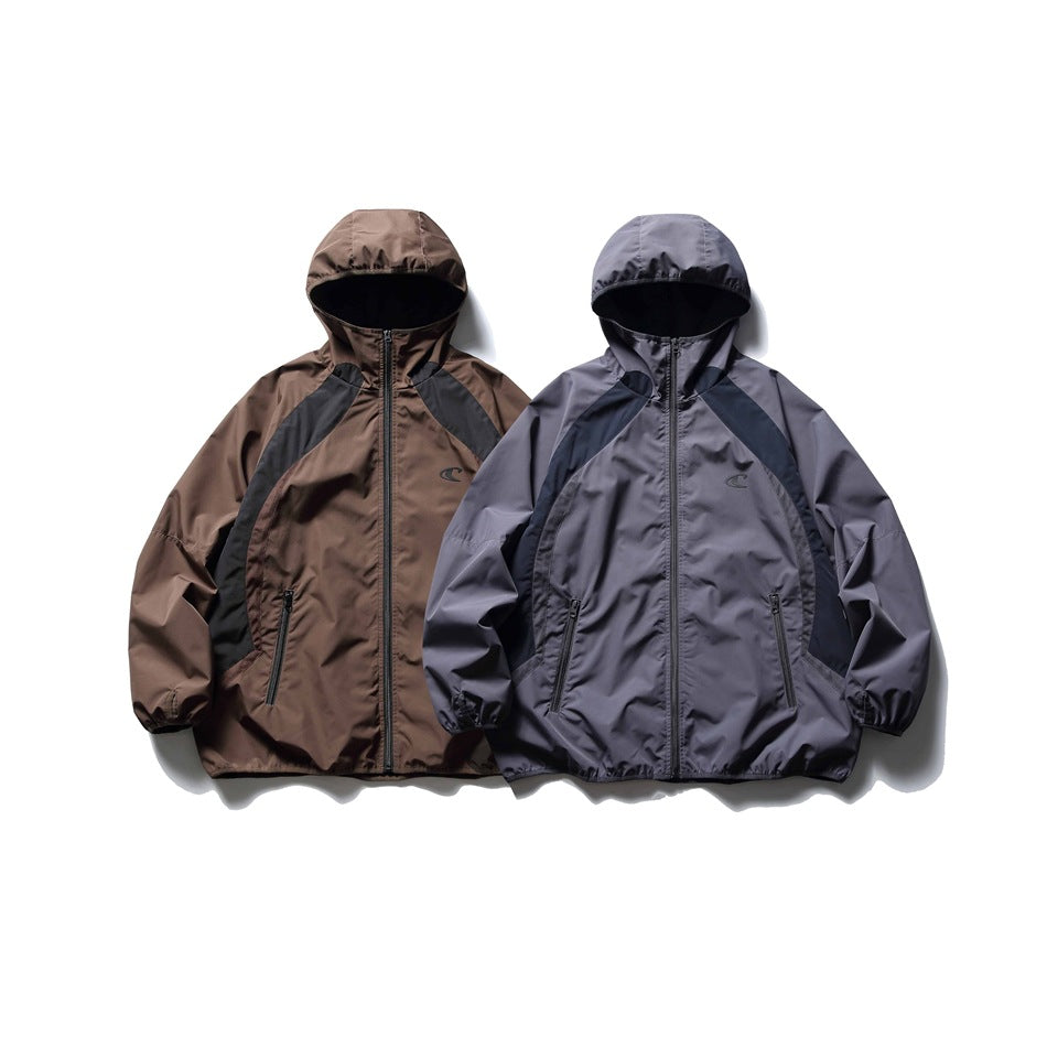 Two hooded zip jackets shown from the front in brown and charcoal gray, with dark contrast panels and zip pockets.