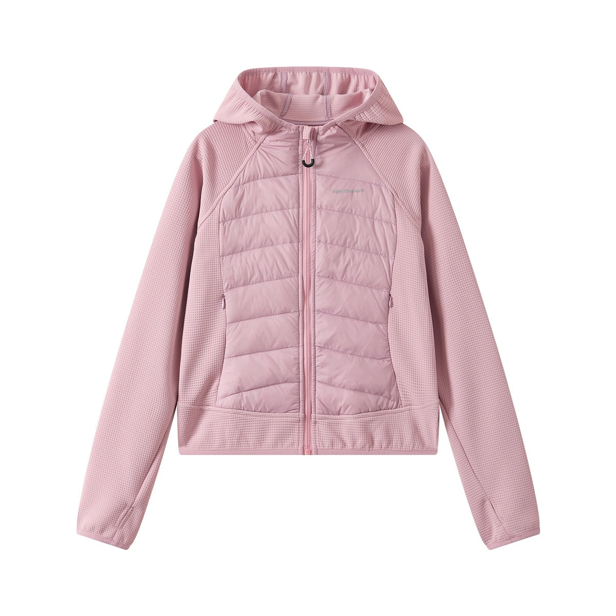 Pink hooded full-zip jacket with a quilted center panel and textured grid-knit sleeves, flat front view