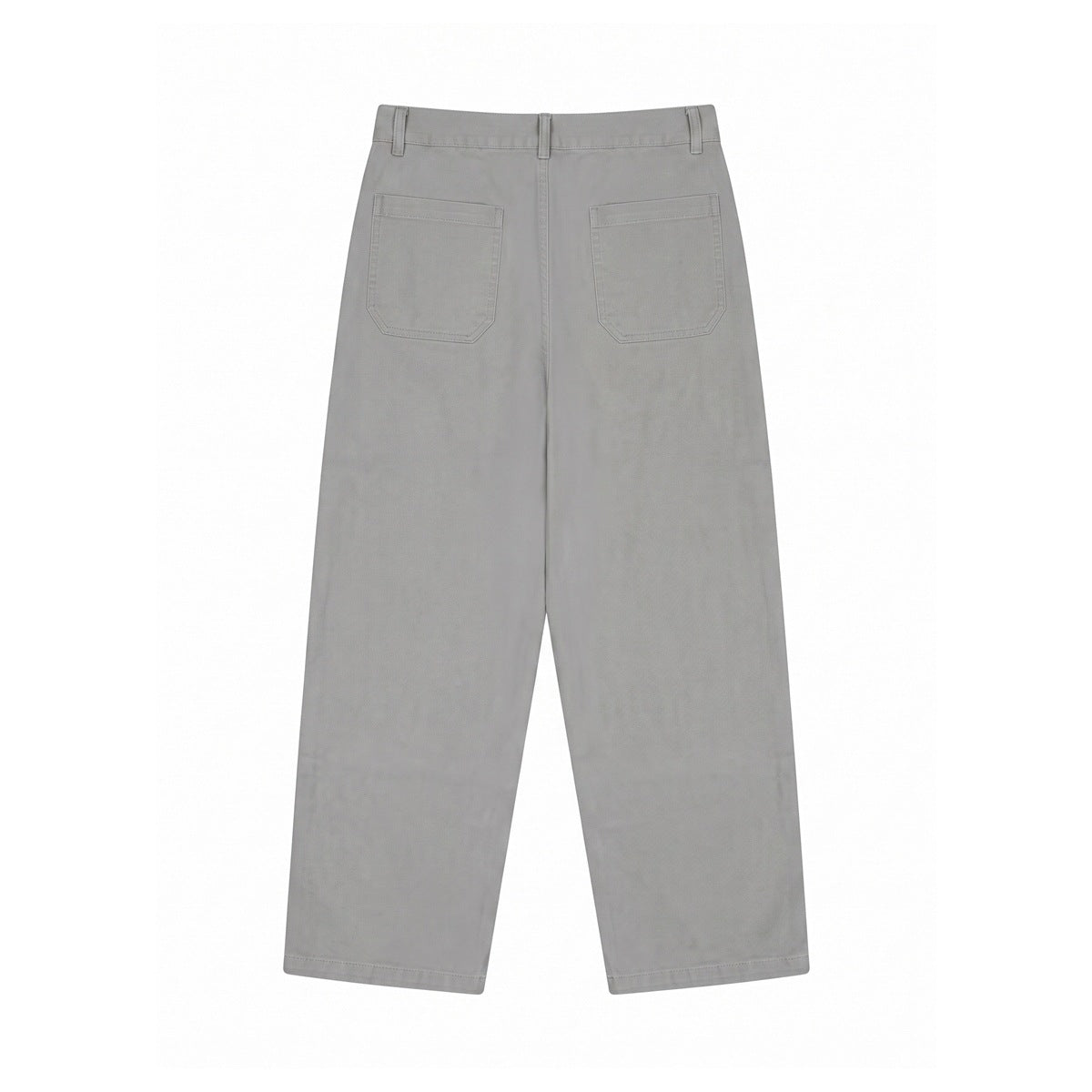Full back view of gray trousers laid flat, with two rear pockets, belt loops and straight legs.