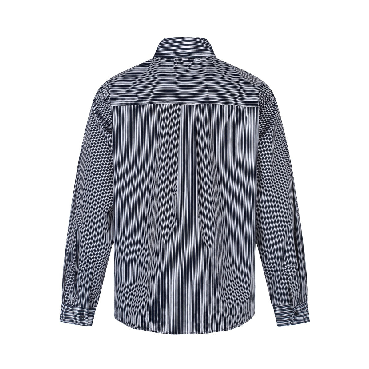Back view of a dark, thinly striped long-sleeve shirt with a horizontal yoke and center pleat.