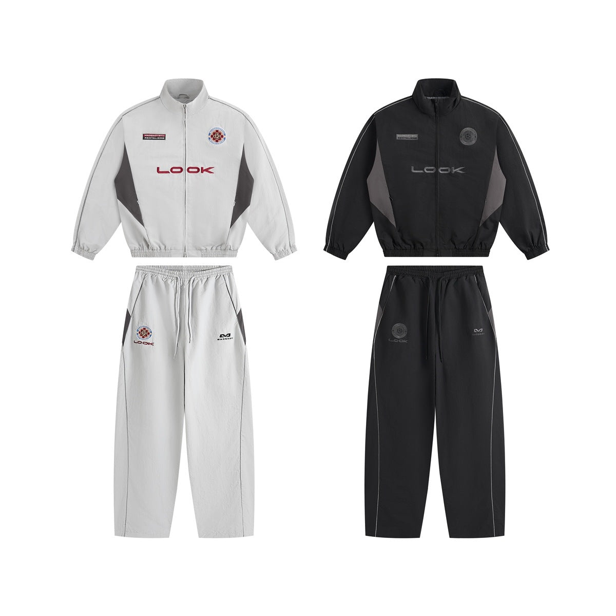 Light gray and black tracksuit sets displayed side by side, each with a zip jacket and relaxed pants.