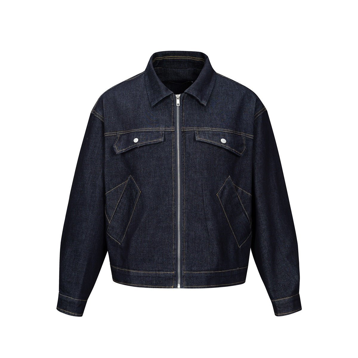 Dark indigo denim zip jacket with pointed collar, chest flap pockets and golden topstitching, flat front view