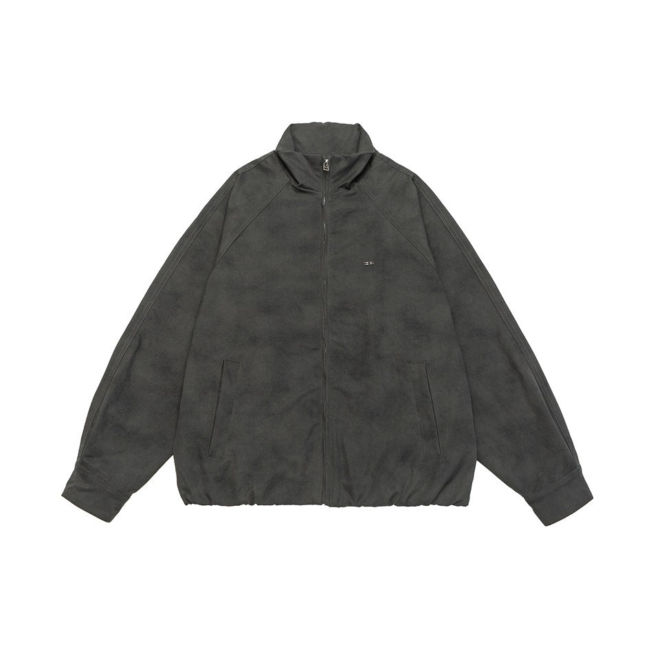 Dark charcoal gray zip-front stand-collar jacket with raglan sleeves, front pockets and gathered hem, flat lay