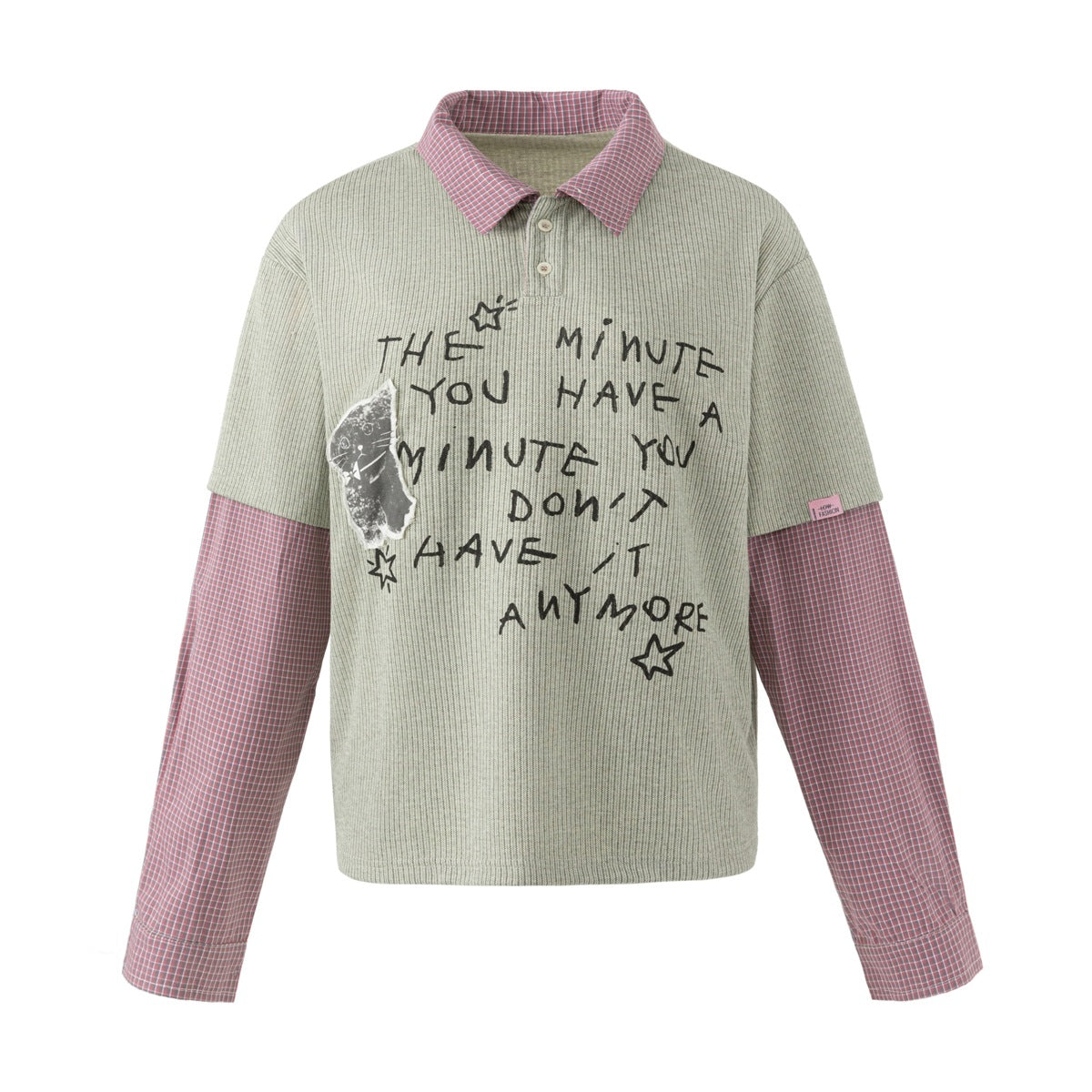 Apricot ribbed polo-collar top with pink check collar and sleeves, black scrawled slogan print and cat graphic patch