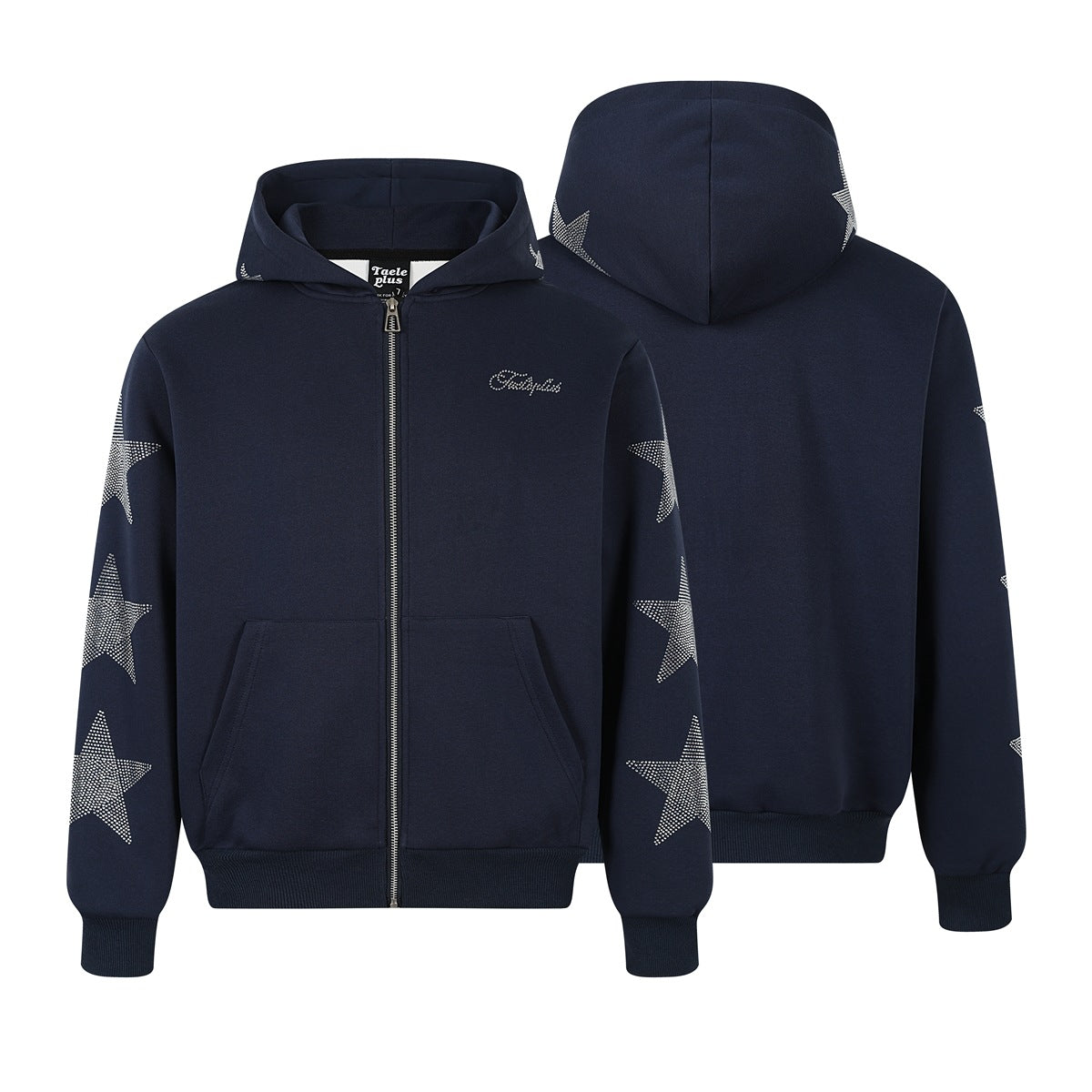 Navy zip-up hooded sweatshirt shown from front and back, with star-decorated sleeves, front pockets, and ribbed cuffs.