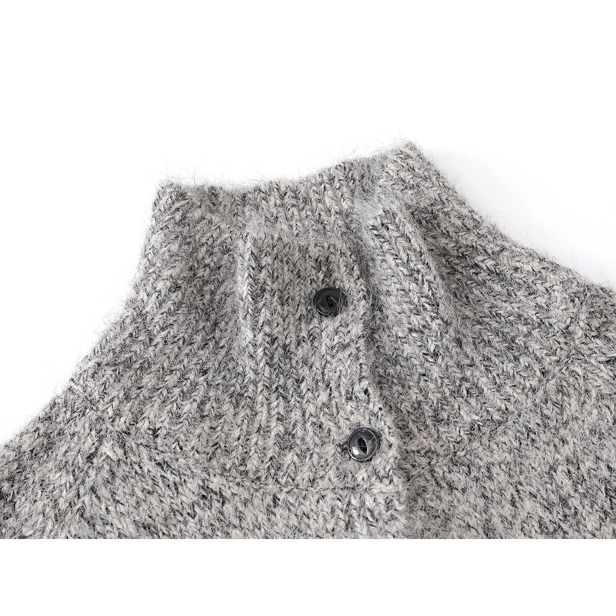 Close-up of a gray marled knit cardigan's high collar and black buttons.