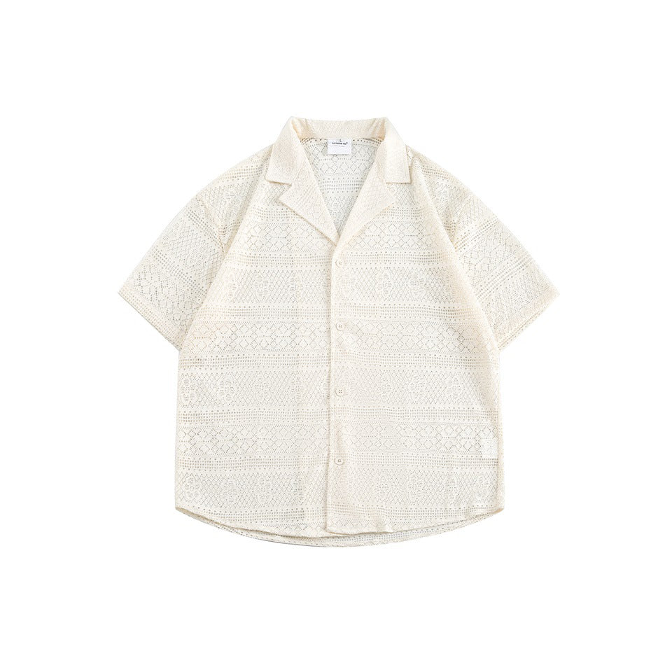 Beige openwork lace-pattern short-sleeve shirt with camp collar and button front, flat lay