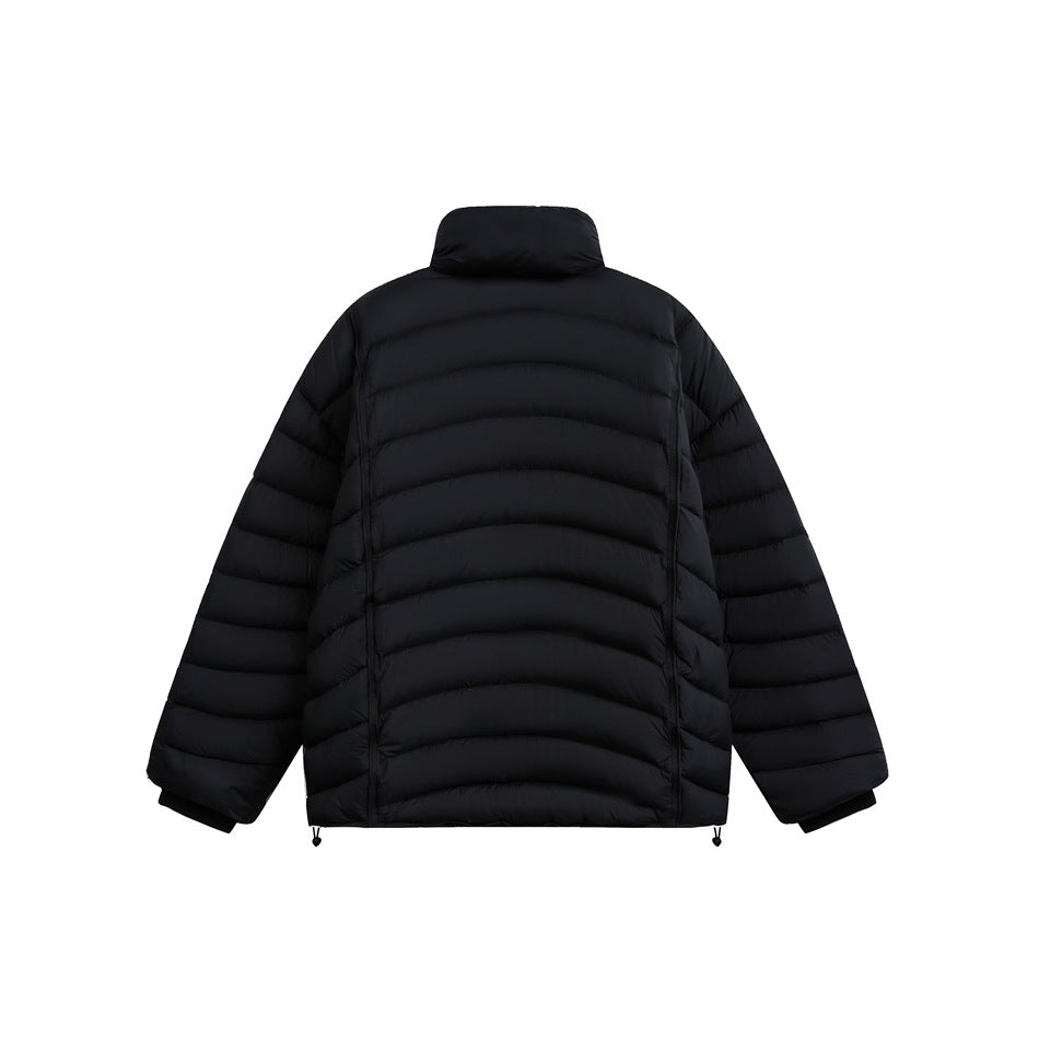 Back view of a black quilted puffer jacket with a high collar and elastic cuffs.