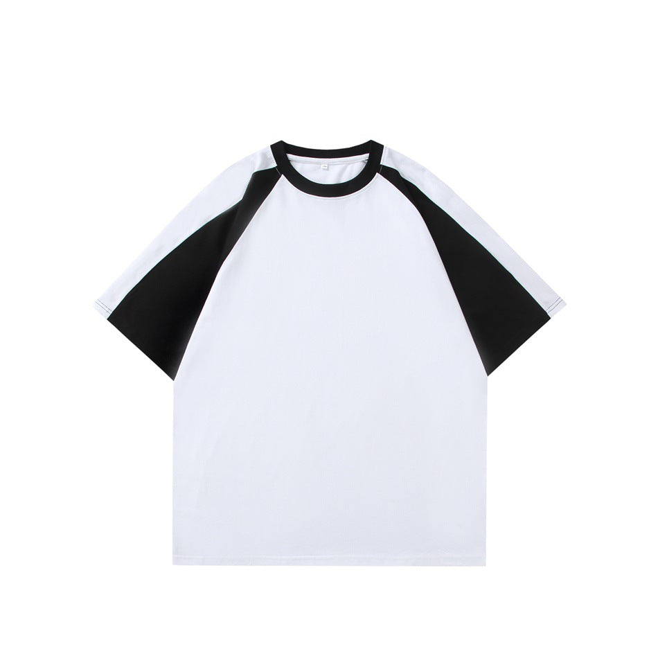 White crew-neck raglan T-shirt with black sleeves and collar, flat front view