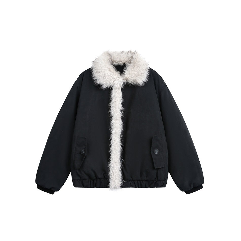 Black jacket flat lay with off-white fur-like collar and front trim, flap pockets and elastic hem