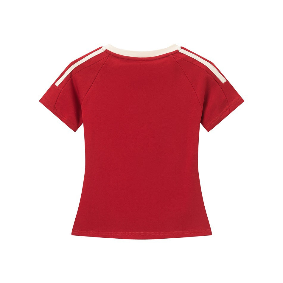 Back view of red short-sleeve tee with cream neckline trim and shoulder stripes on a plain back