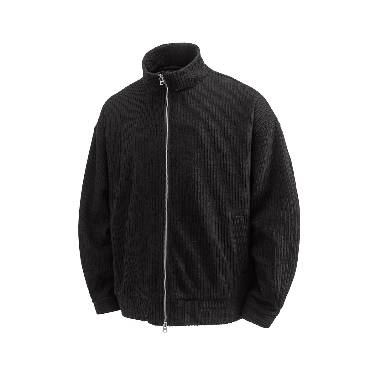 Black ribbed full-zip stand-collar jacket with drop shoulders, flat front view on white background