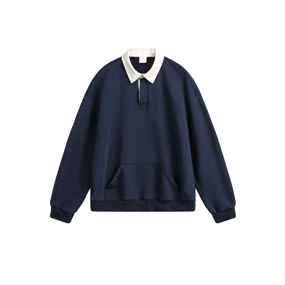 Navy pullover sweatshirt with cream polo collar, half-button placket and kangaroo pocket, flat lay front view