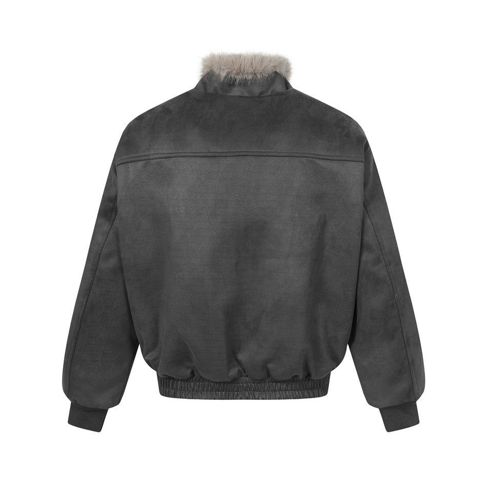 Back view of gray suede-look bomber jacket with yoke seam, fur-look collar edge, elastic hem and ribbed cuffs