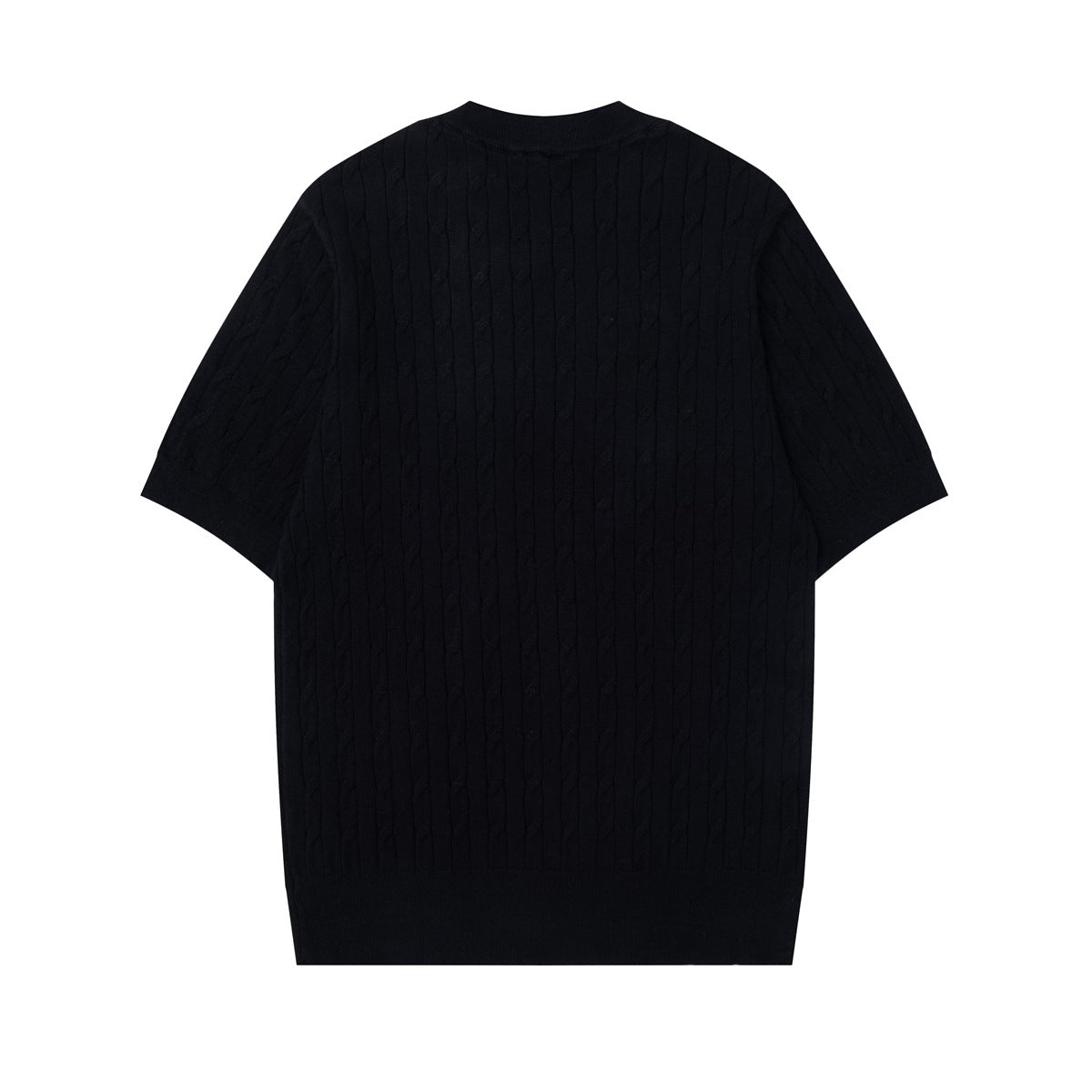 Back view of a black short-sleeve cable-knit top with a crew neck and ribbed trim.
