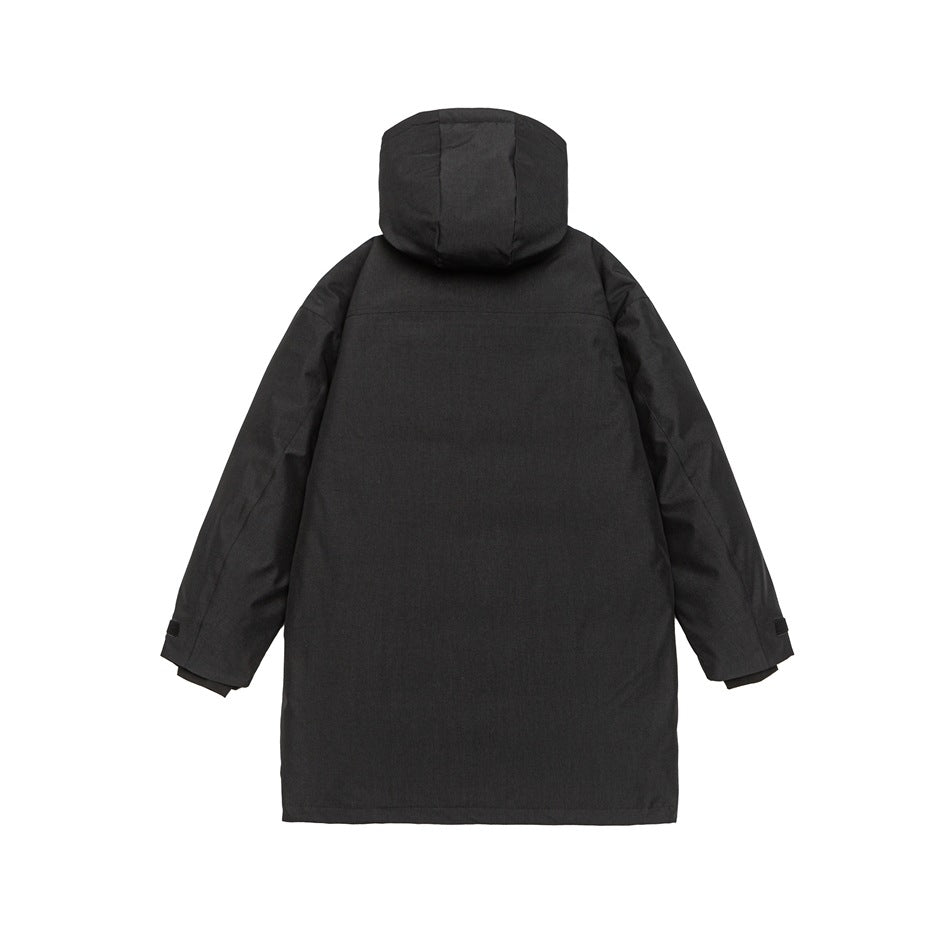 Back view of a long charcoal-black hooded coat with plain panels and adjustable cuffs, on a white background.