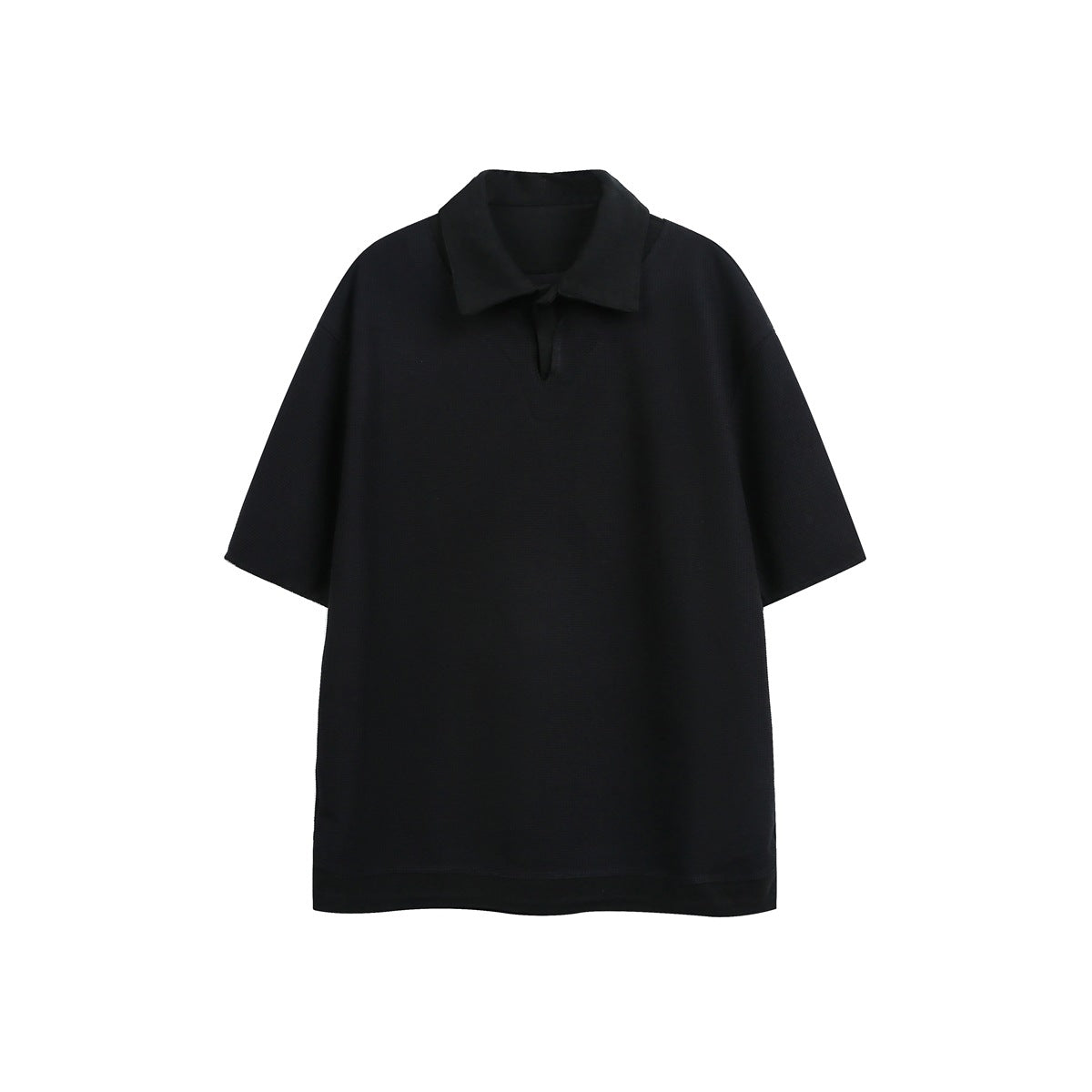 Black short-sleeve waffle-knit polo top with collar and open V placket, flat front view