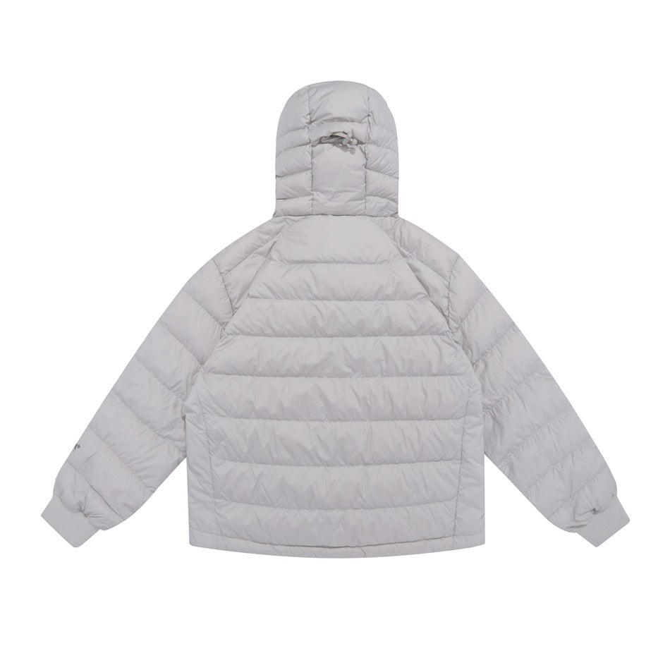 Back view of a light gray hooded quilted jacket with horizontal baffles and gathered cuffs.