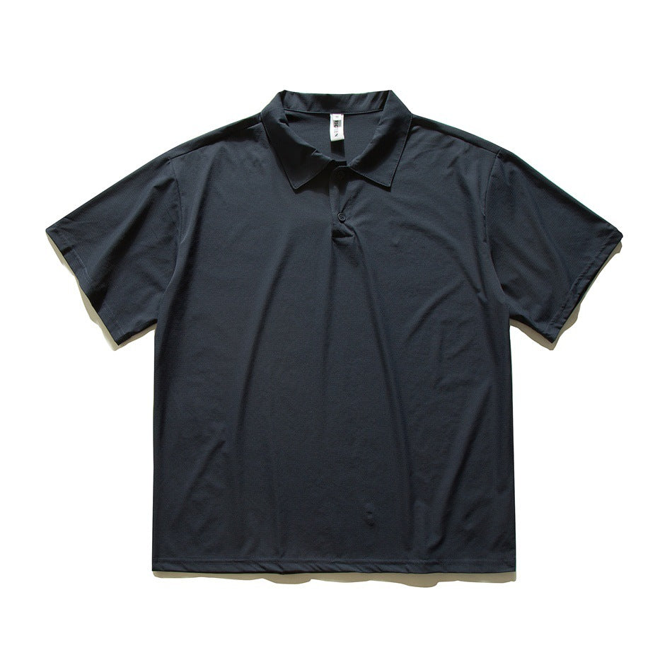 Dark navy short-sleeve polo shirt, flat lay front view with turn-down collar and one-button placket