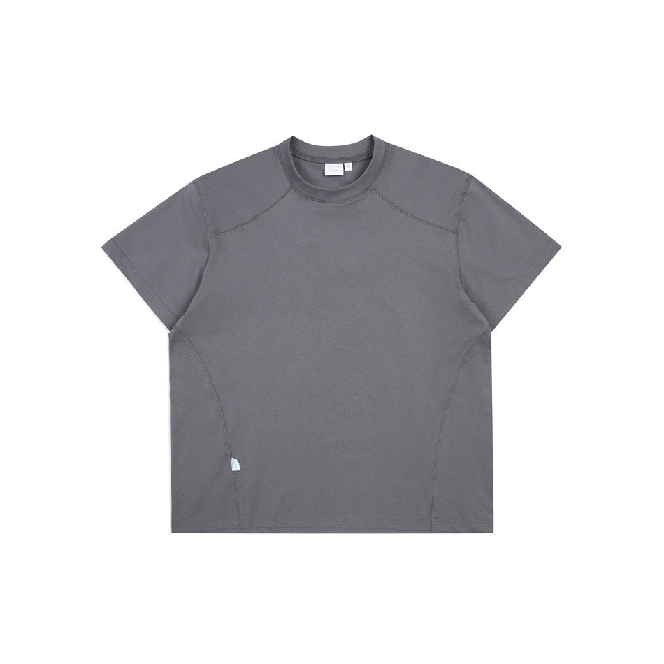 Dark gray short-sleeve crew-neck T-shirt flat lay with curved side seams and small side label