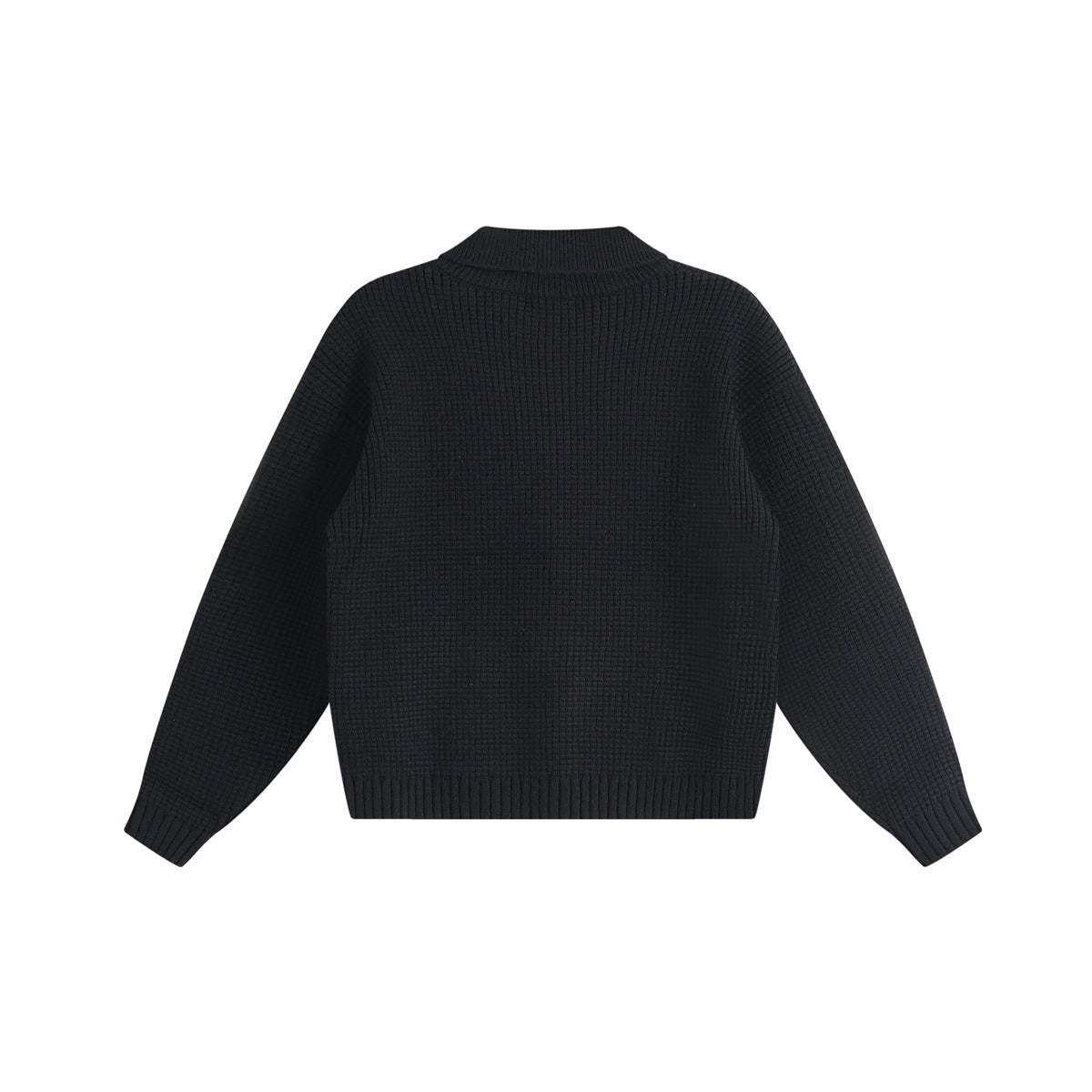 Back view of a black textured knit cardigan with long sleeves and ribbed hem and cuffs.