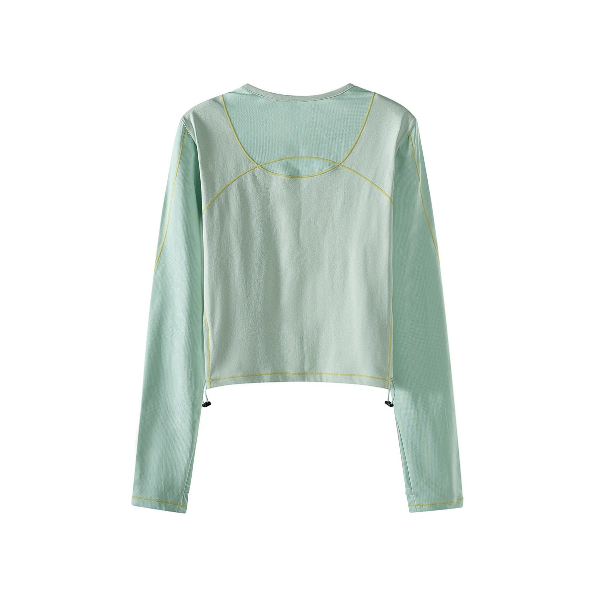 Back view of a mint green cropped long-sleeve top with yellow contrast piping and adjustable hem cords.