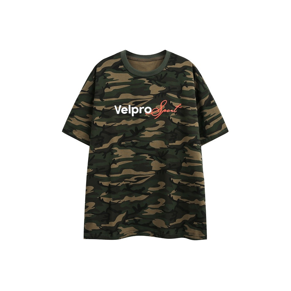 Army green camouflage short-sleeve crew-neck T-shirt with white and red chest print, flat front view