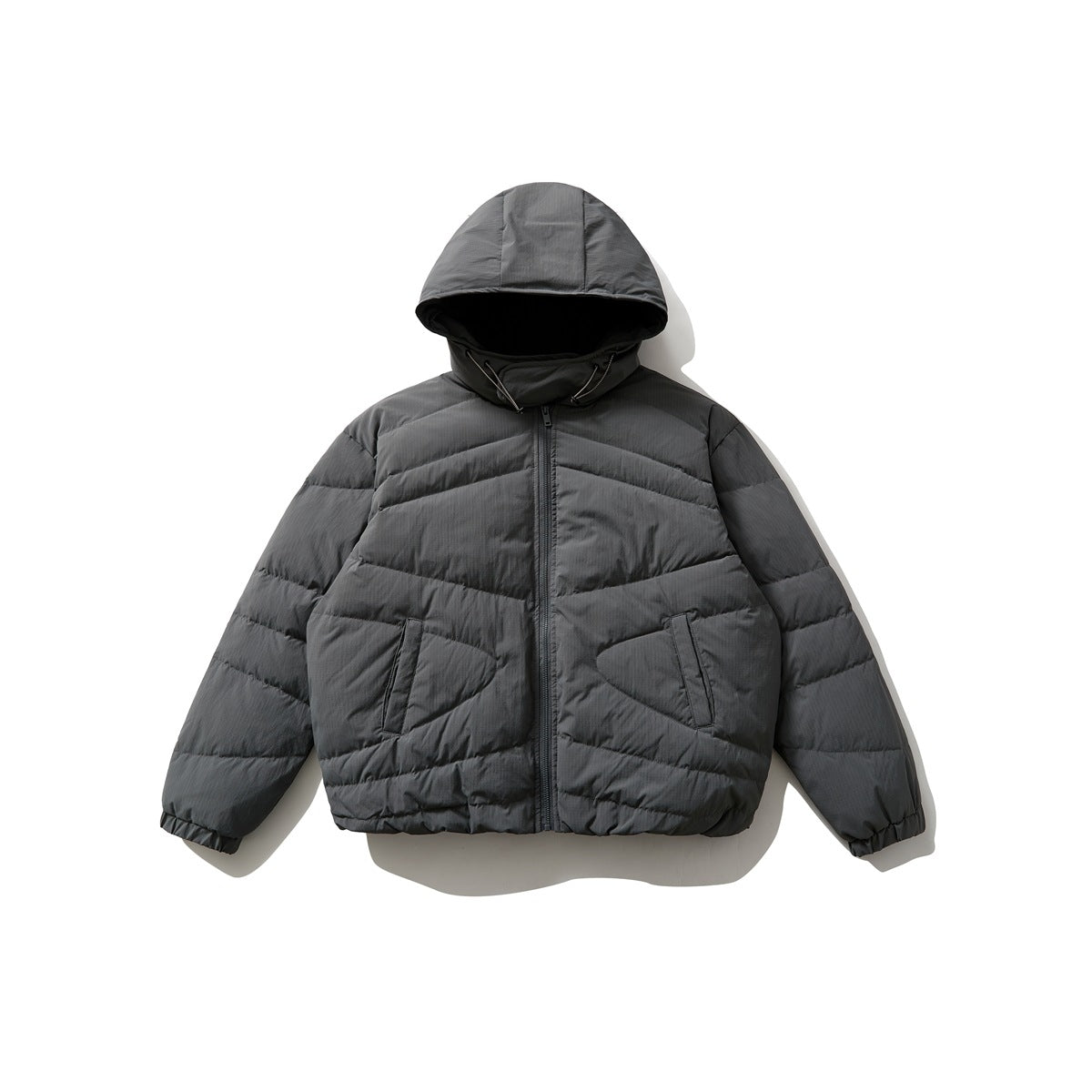 Dark gray hooded quilted puffer jacket, flat lay, front view with front zipper and slanted pockets