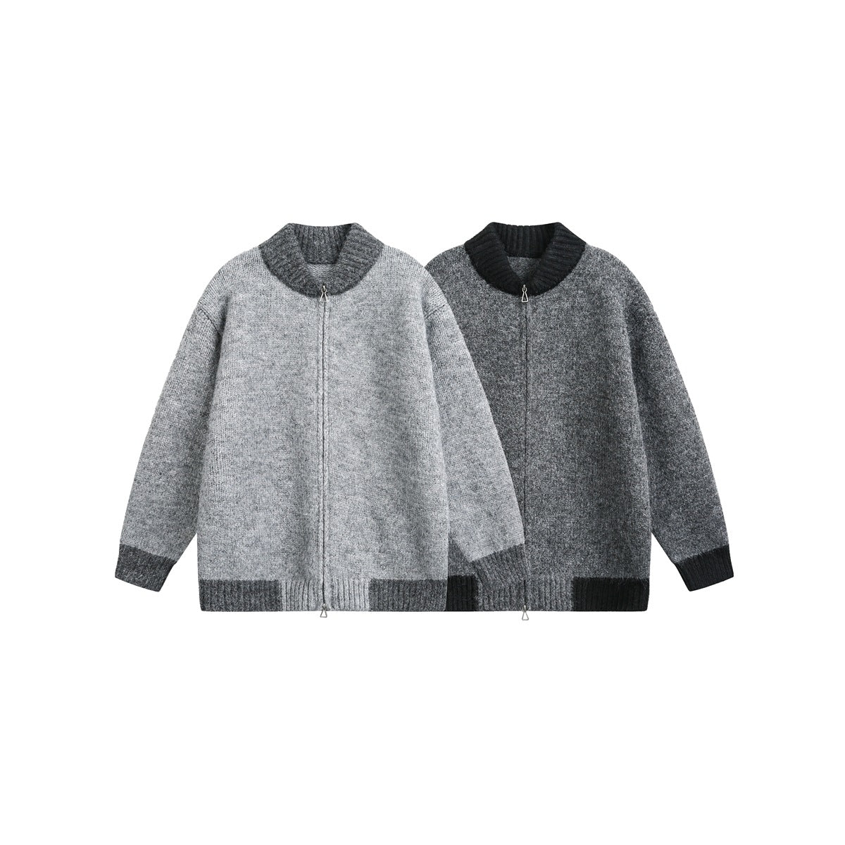 Two zip-front knit jackets shown side by side in light gray and dark gray, each with contrasting ribbed trim.