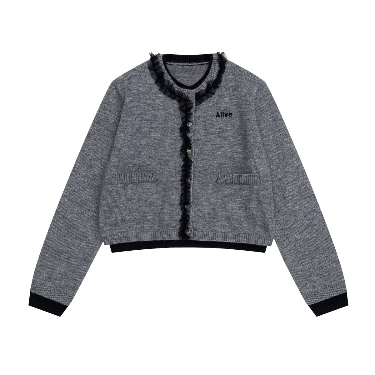 Gray knit cardigan with black tulle ruffle trim, black hem and cuffs, buttons and two front pockets