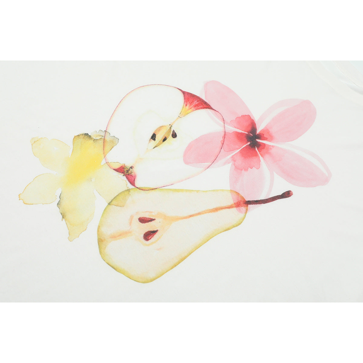 Watercolor-style fruit and flower print in pink, yellow, and red on white T-shirt fabric.