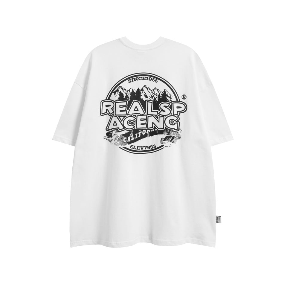 White short-sleeve T-shirt back view with black mountain emblem and lettering graphic