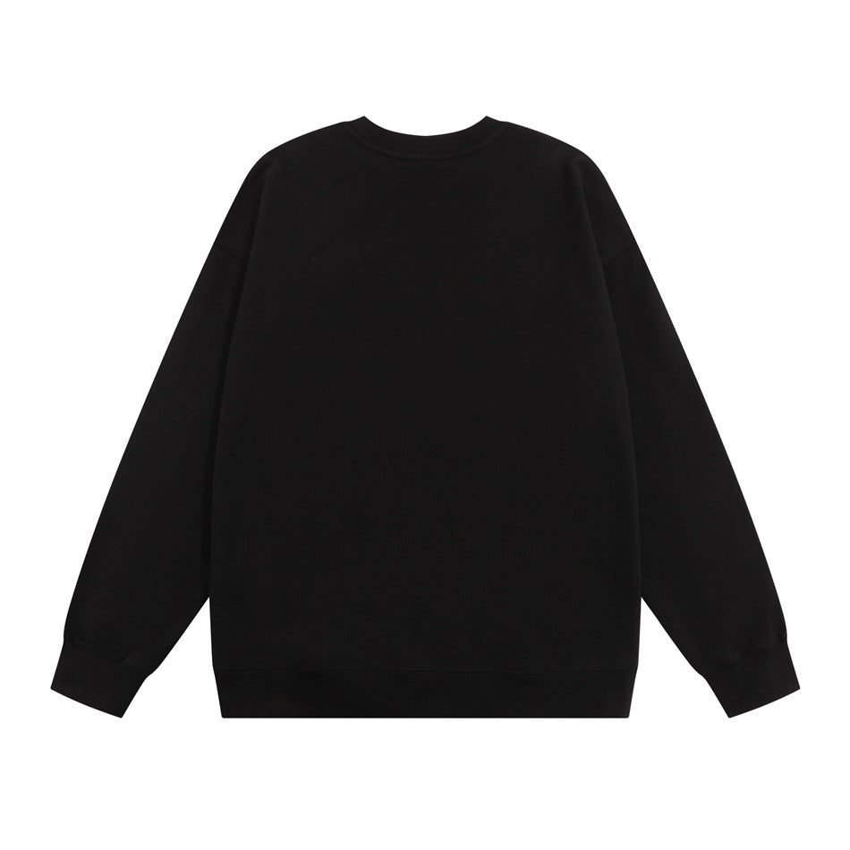 Back view of a plain black crewneck sweatshirt with long sleeves and ribbed cuffs and hem.