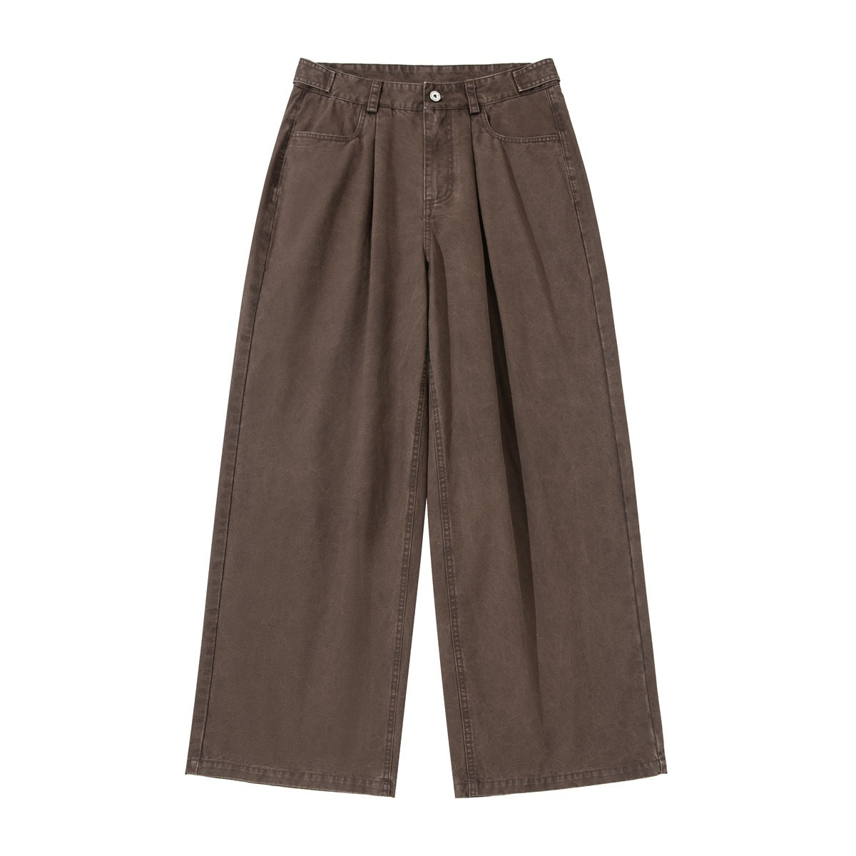 Brown pleated wide-leg pants flat lay, front view with zip fly, button and slanted pockets