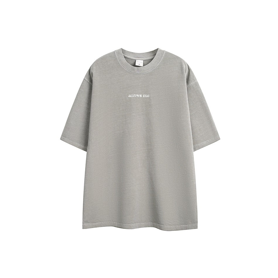 Gray washed short-sleeve crew-neck t-shirt flat lay with small centered chest print