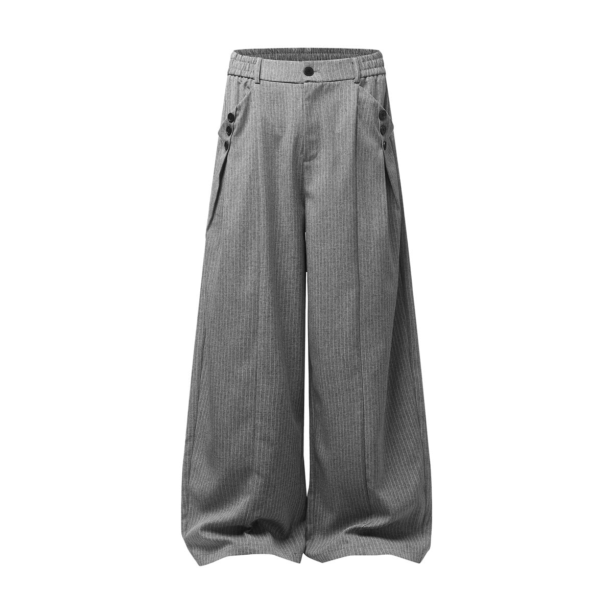 Gray pinstriped wide-leg trousers with elastic waistband, front button, pleats and button-trimmed side pockets, front view