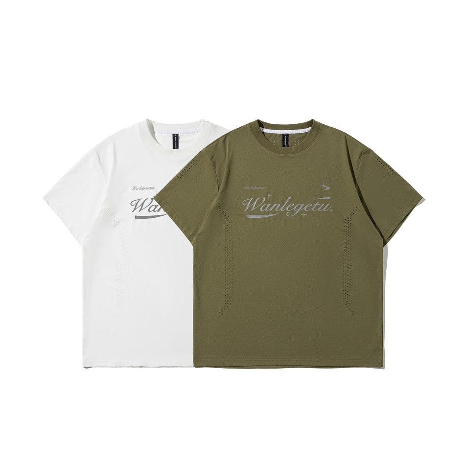 White and olive-green short-sleeve crew-neck T-shirts shown from the front with script graphics and perforated accents.