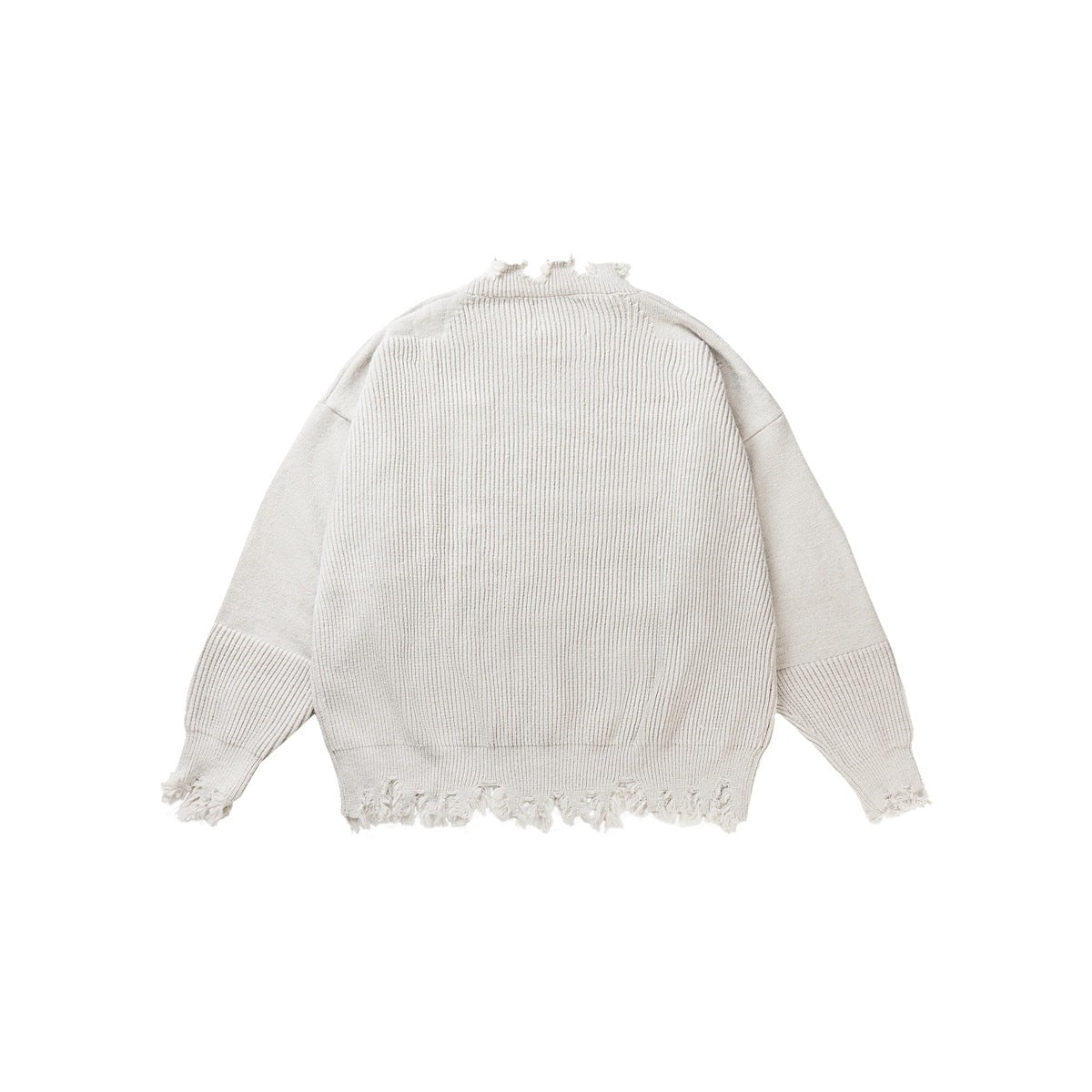 Back view of an ivory rib-knit crewneck sweater with contrast sleeves and frayed edges.