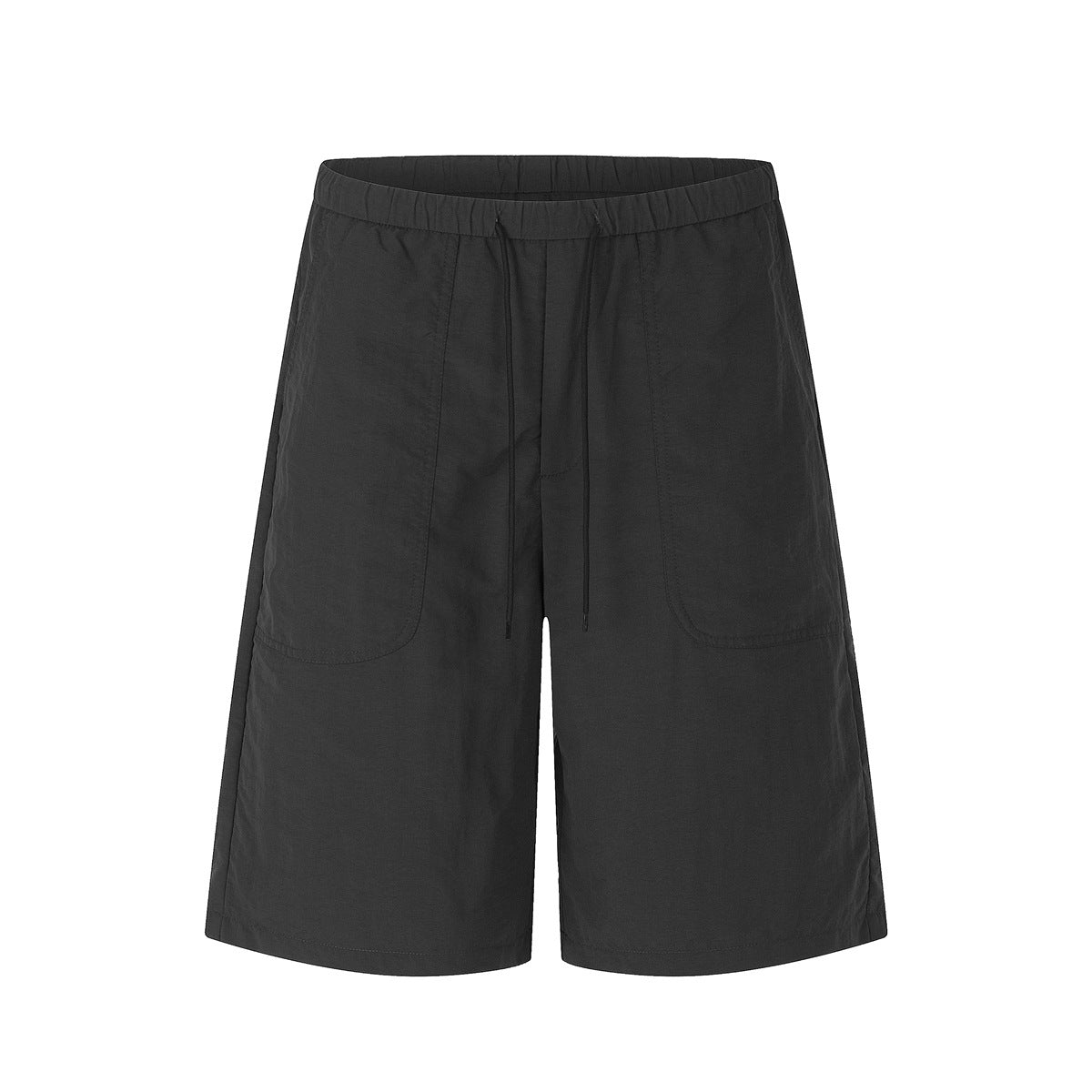 Black knee-length shorts with elastic waist, black drawstring and large front patch pockets, front view