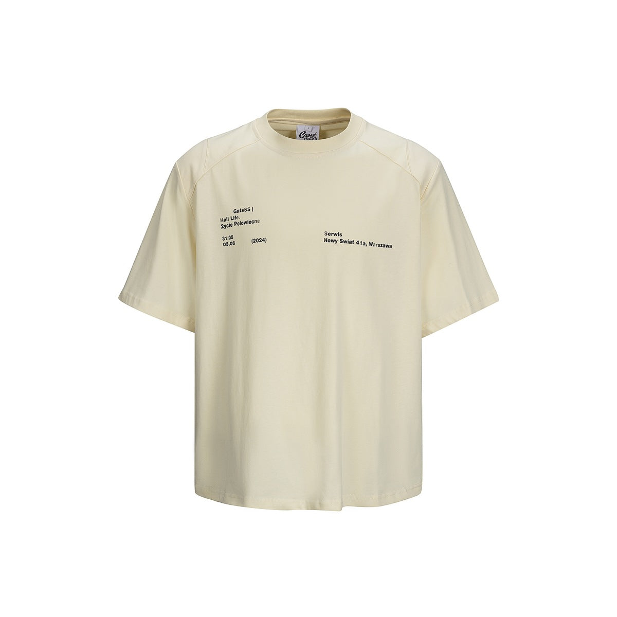 Front view of a cream short-sleeve crewneck T-shirt with small black text across the chest.
