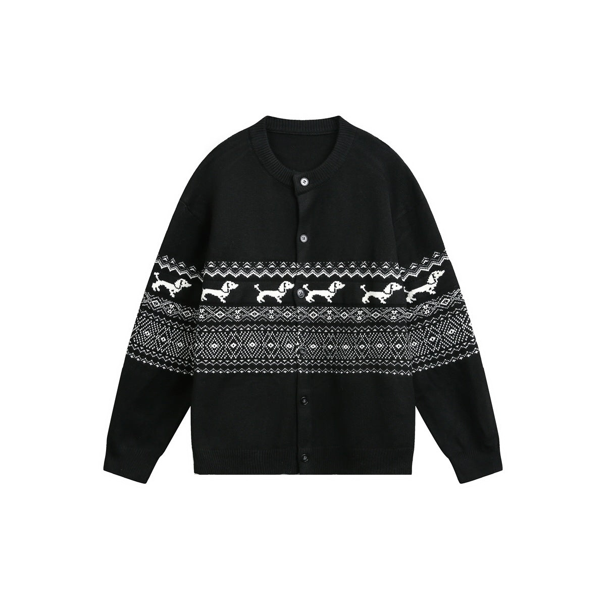 Black button-front knit cardigan with white Fair Isle band and dachshund motifs, flat lay