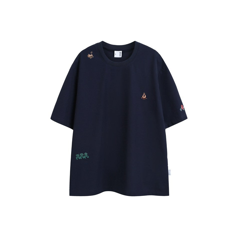 Navy short-sleeve crew-neck T-shirt with small embroidered animal, campfire, flower and green figure motifs, front view